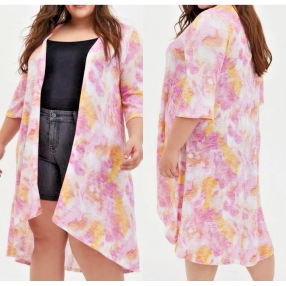 Torrid Women's Duster 1 (1X) Watercolor‎ Havci 3/4 Sleeve Longline Kimono Pink